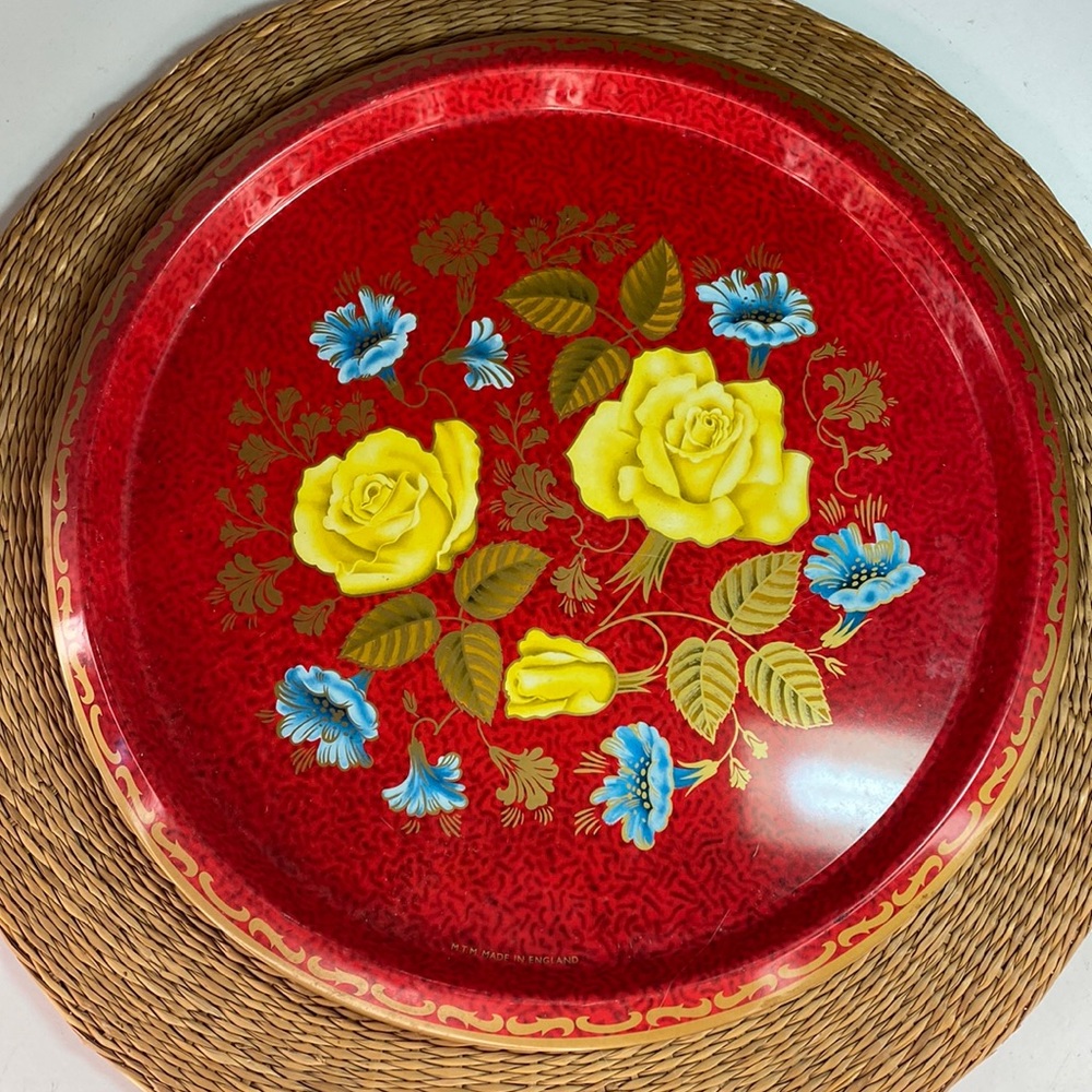 Vintage M.T.M Made in England Floral Roses Metal Round Tray